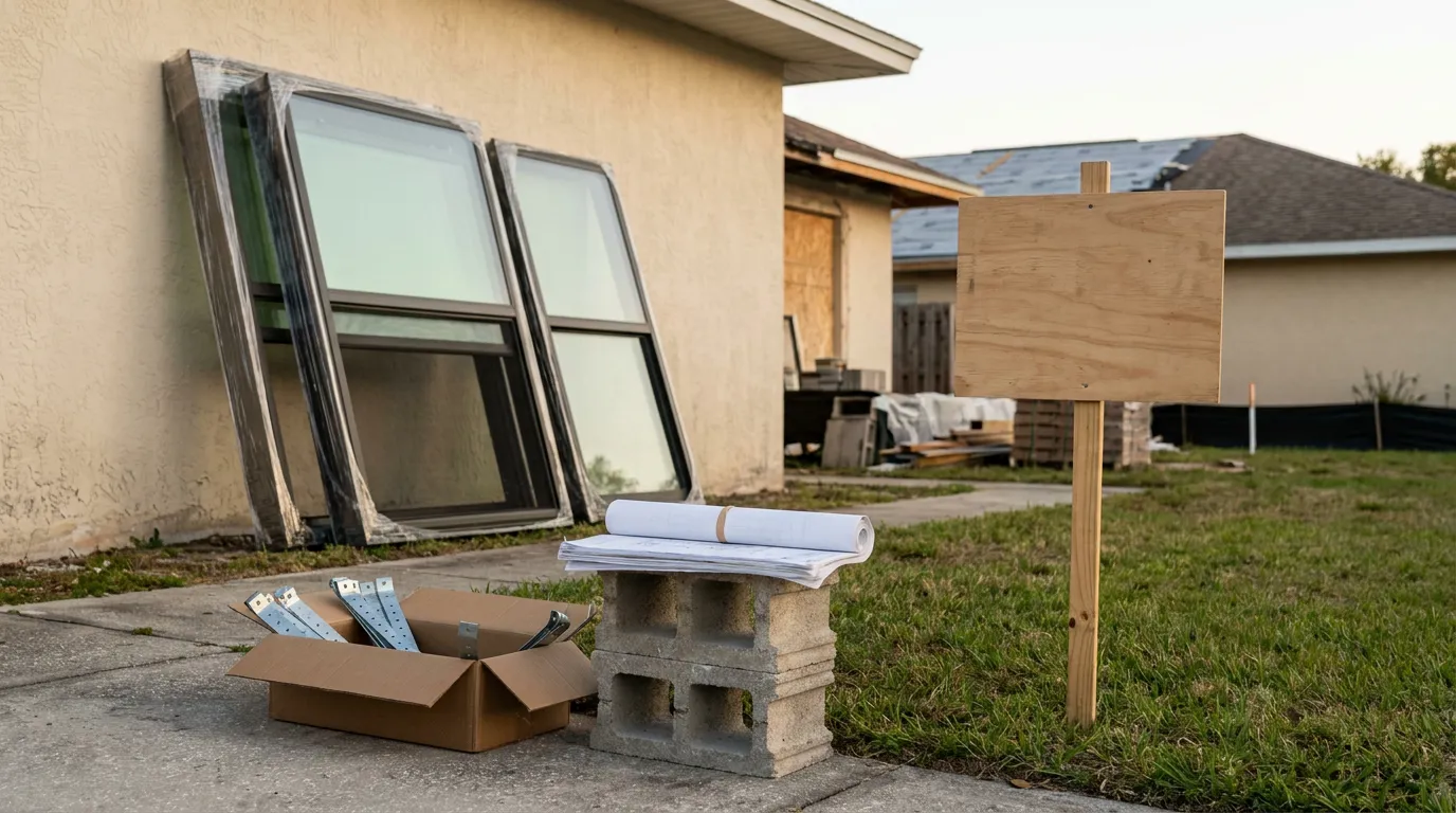 Florida Home Rebuild Code Upgrade Materials residential construction site with rolled blueprints, window frames, and blank yard sign