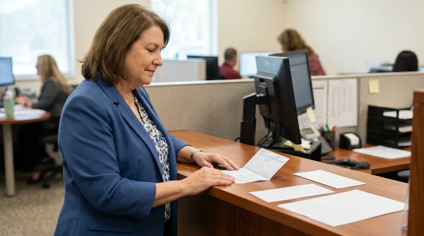Florida Homeowner Reviewing Insurance Claim Check At Lender Office woman in blazer reviewing document at office front desk with staff working