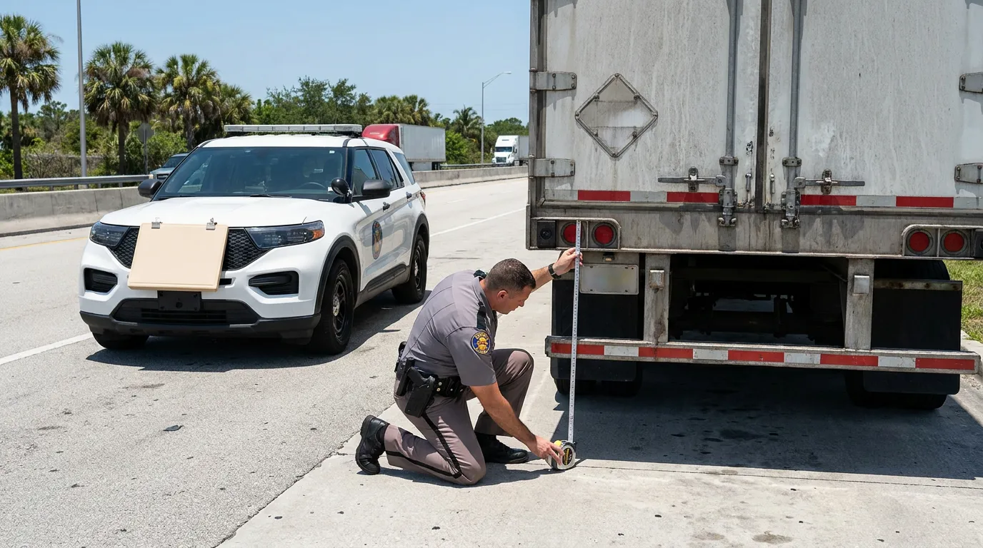 Miami Officer Inspecting Truck Underride Guard Height police officer using tape measure to inspect rear of commercial truck on highway