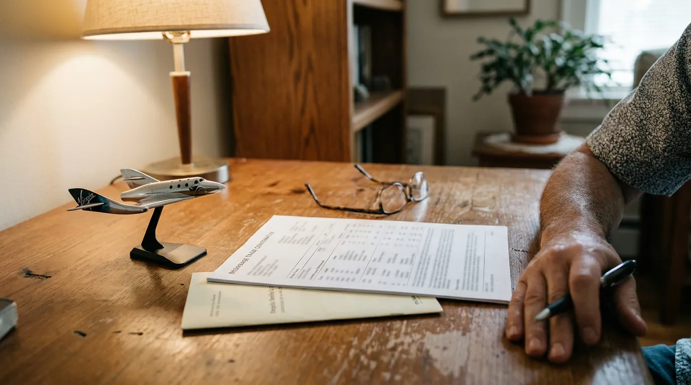 Investor Reviewing Virgin Galactic SPCE Settlement Documents person holding pen over legal documents beside Virgin aircraft model on wooden desk
