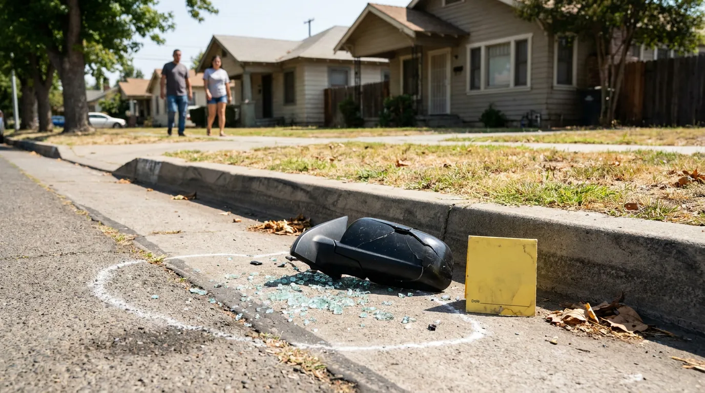 Evidencia De Accidente De Fuga En Fresno broken side mirror and shattered glass circled on residential street curb