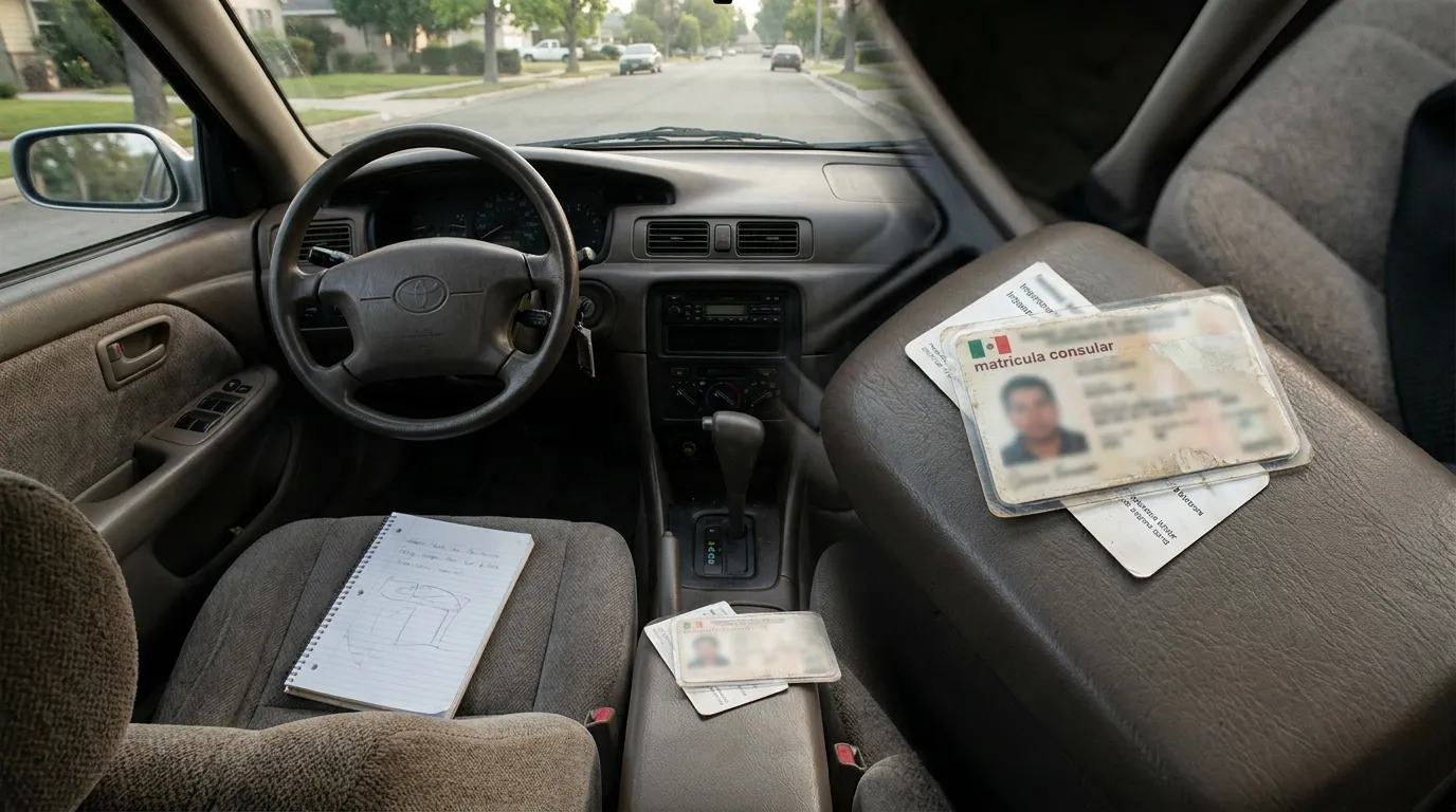 Indocumentado Demanda Accidente Auto California Matricula consular ID cards and notepad resting on car seats inside vehicle