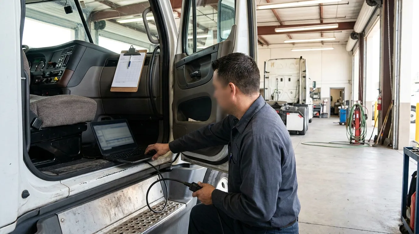 Caja Negra Camion Accidente Fresno California technician using laptop and diagnostic tool to inspect commercial truck cab
