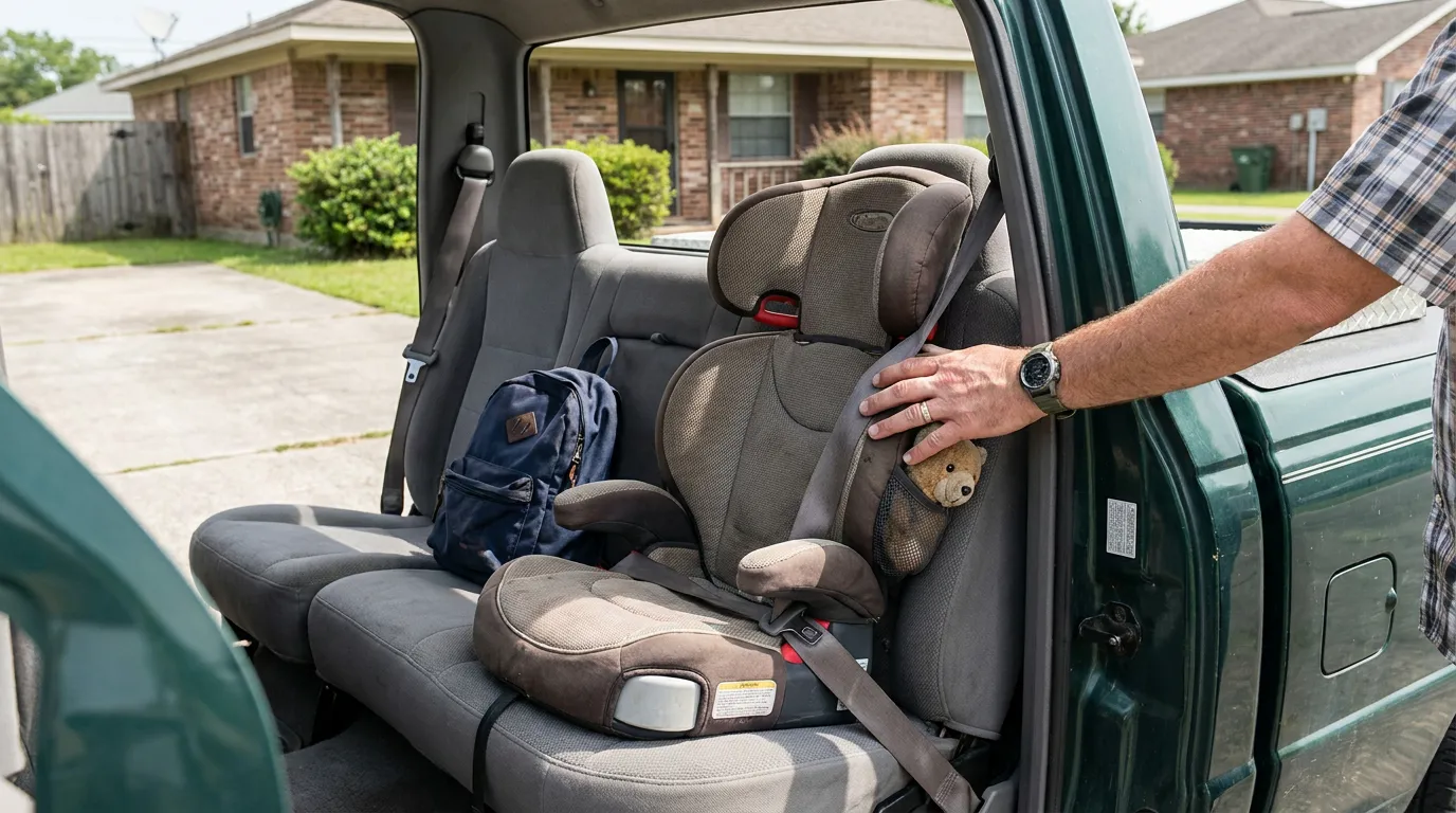 Father Preparing Car Seat Custody Visit Houma adult hand checking child booster seat with teddy bear inside vehicle door