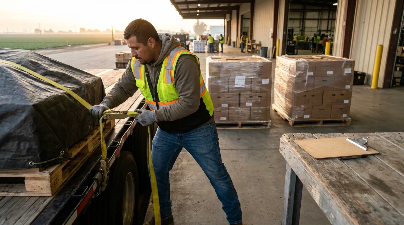 Worker Securing Truck Cargo Straps Fresno warehouse worker in safety vest securing cargo straps on flatbed truck