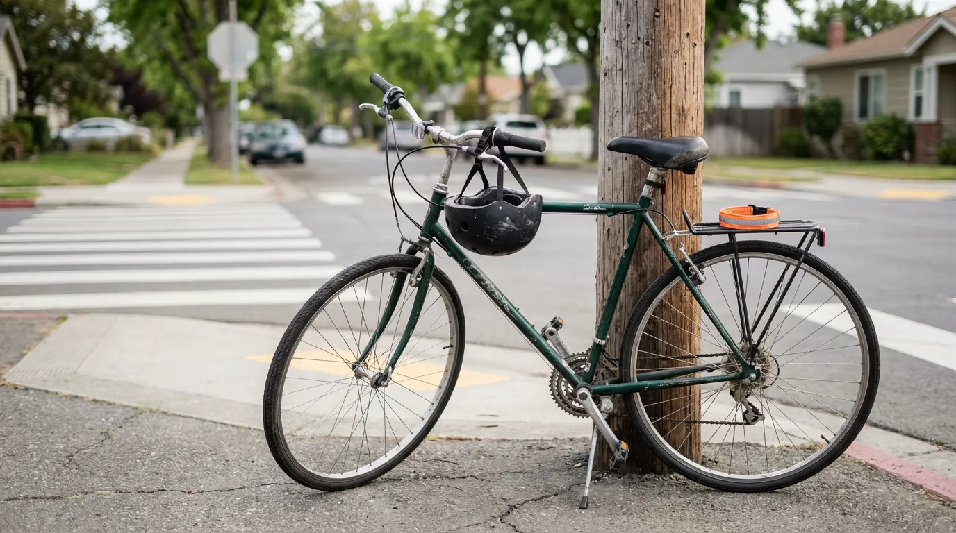 Bicicleta Cerca Cruce Peatonal Accidente California bicycle with helmet hanging from handlebars leaned against utility pole near crosswalk