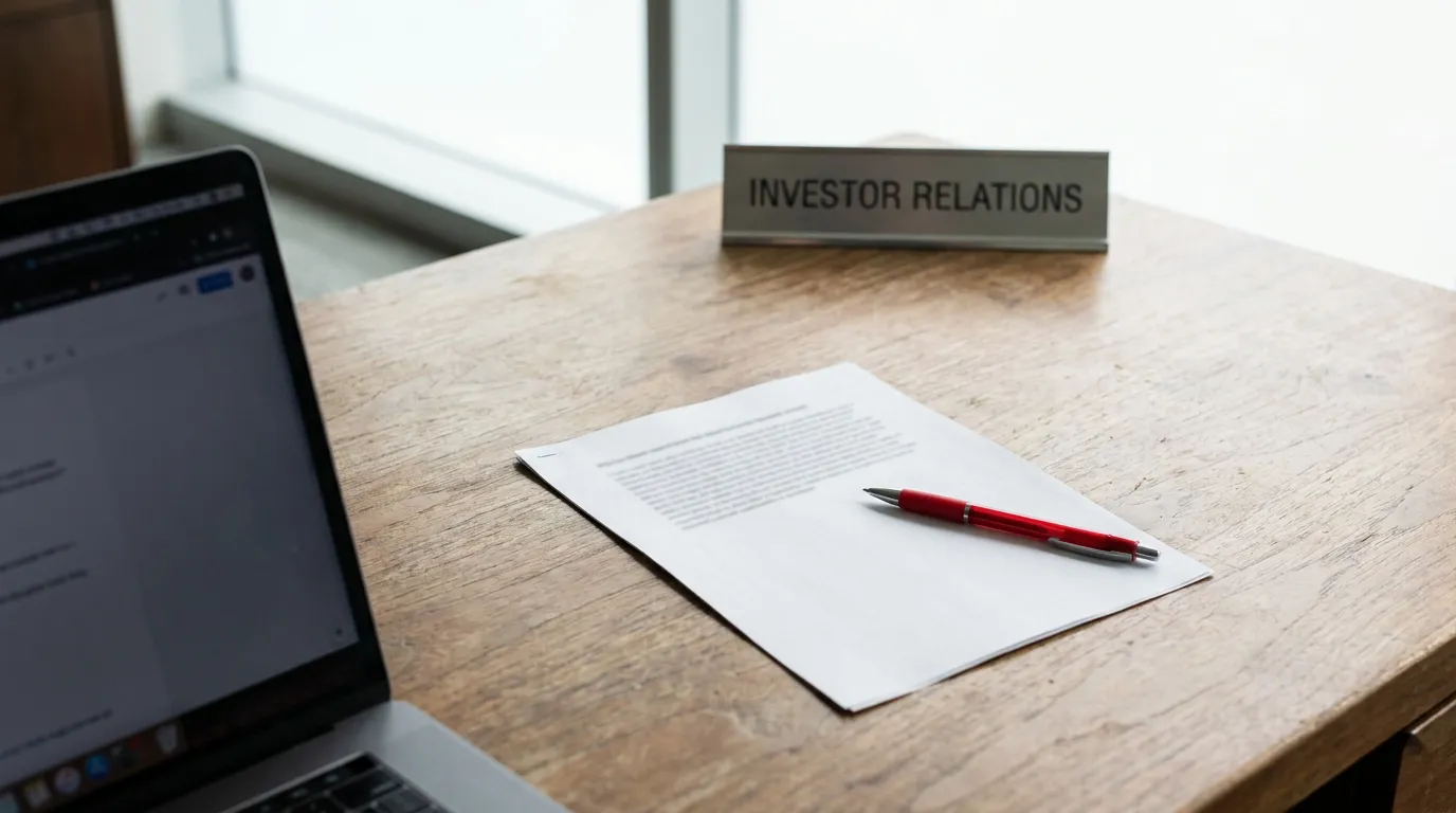 Investor Relations Desk With PSLRA Disclosure Document Investor Relations desk nameplate beside document, pen, and open laptop