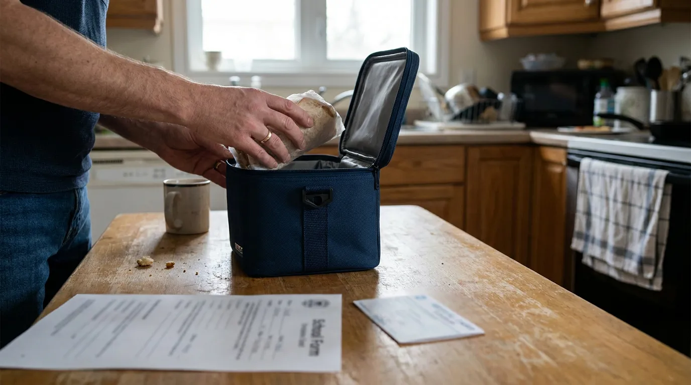 worker packing lunch bag on kitchen counter beside legal documents