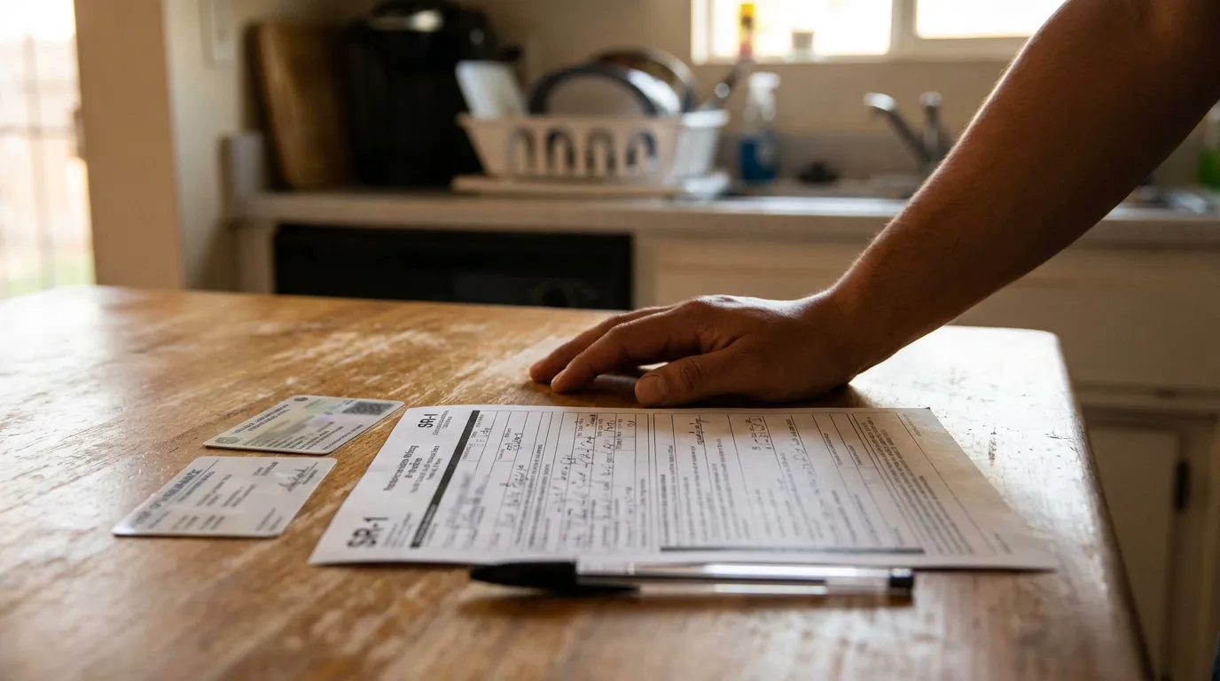 Formulario SR-1 Accidente Fresno California hand resting on SR-1 form and ID card on wooden kitchen table with pen