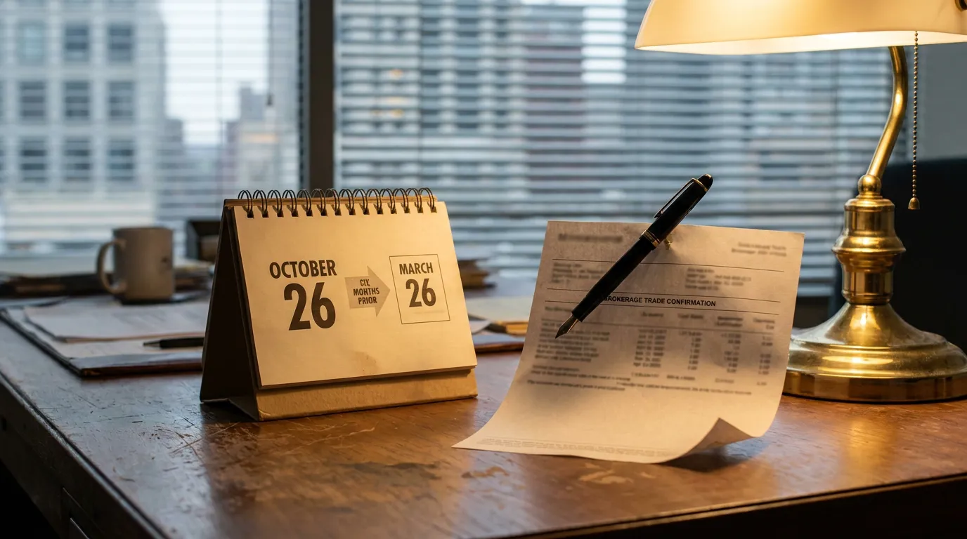 Six Month Short Swing Profit Rule Timeline Newton Square desk calendar showing October 26 to March 26 beside brokerage trade confirmation document