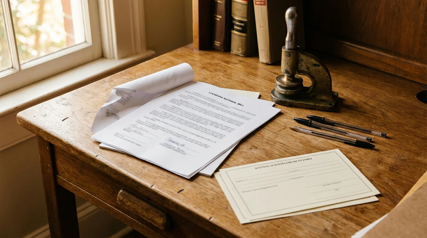 Louisiana Notarial Will document and Witness Acknowledgment Form on wooden desk with notary seal press and pens