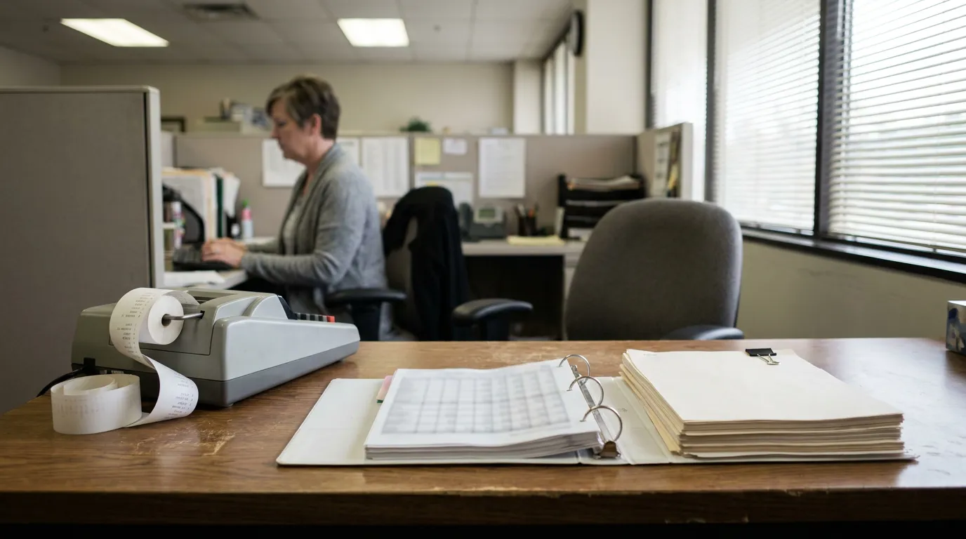 Claims Administrator Calculating Settlement Distribution Paperwork office desk with adding machine, binder, and employee working at cubicle