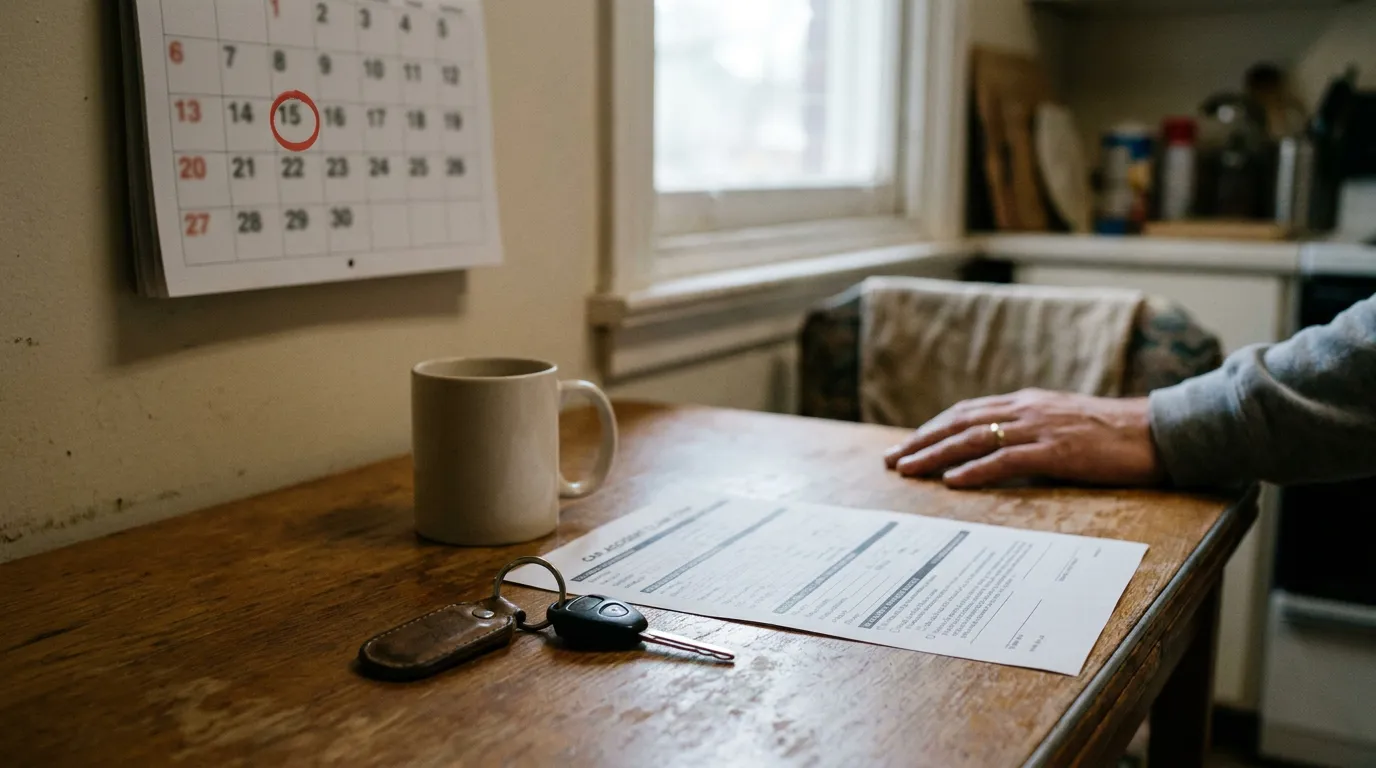Plazo Legal Accidente De Auto California car accident report form, car keys, and circled calendar date on table