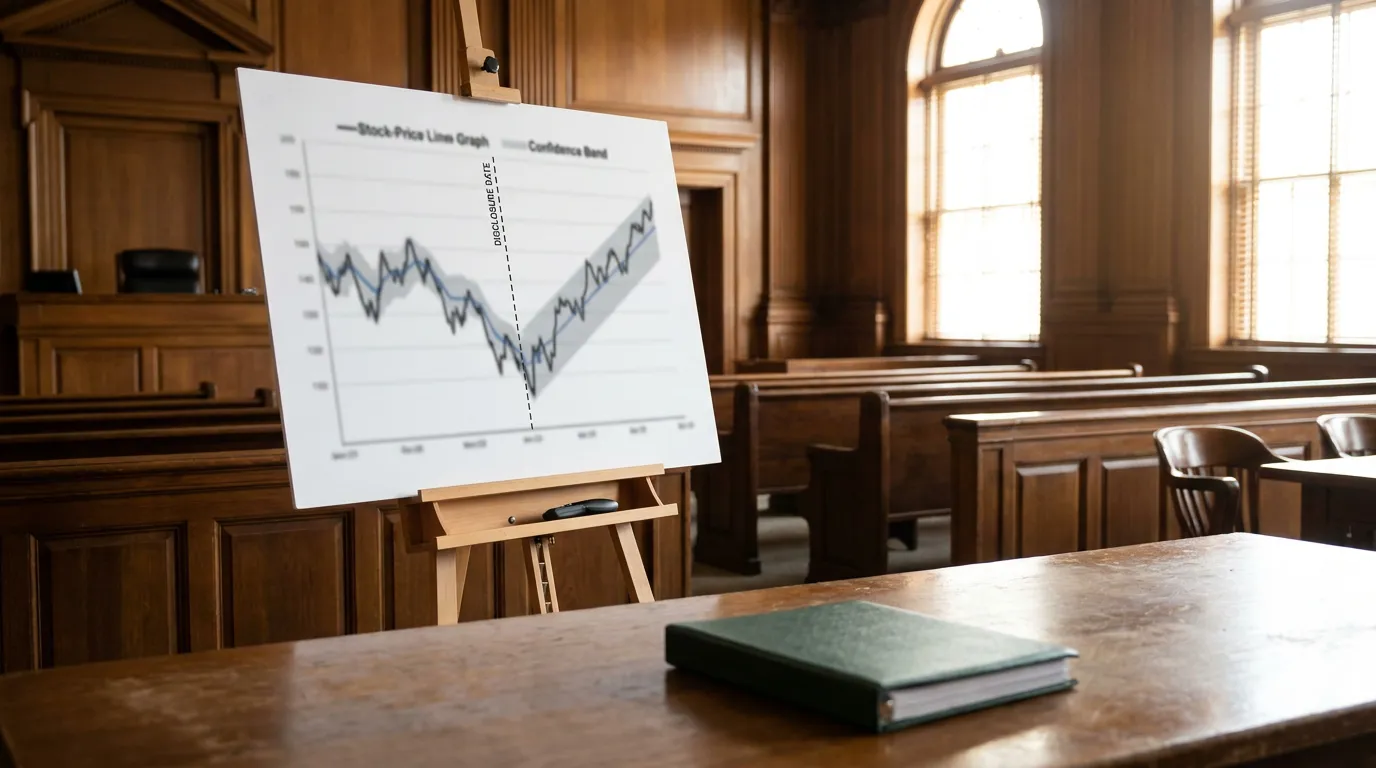 Corrective Disclosure Event Study Chart Newton Square Courtroom stock-price line graph on easel displayed in empty courtroom with wooden benches