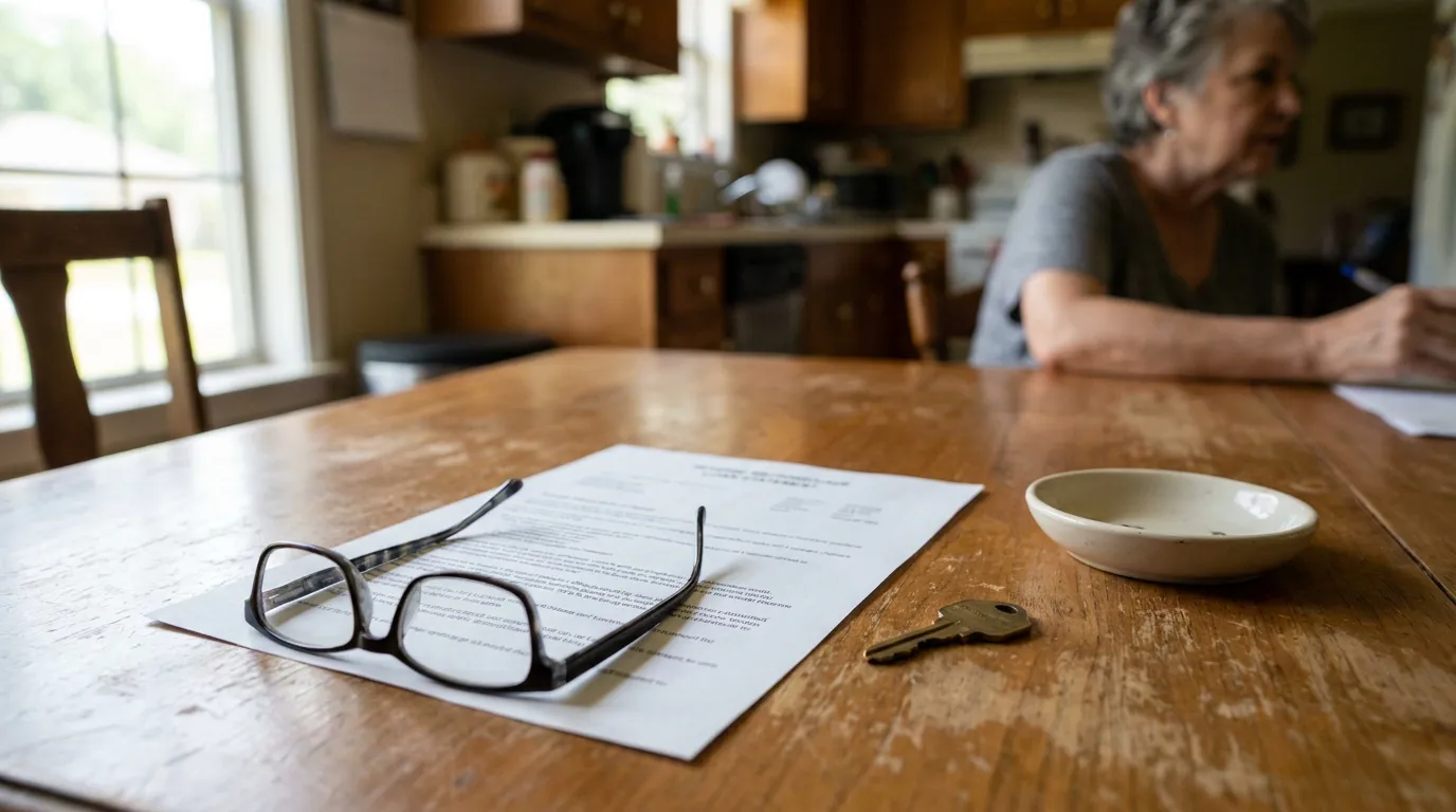 Reverse Mortgage Succession Documents Houma Louisiana Home eyeglasses and house key resting on legal document at kitchen table with elderly person seated