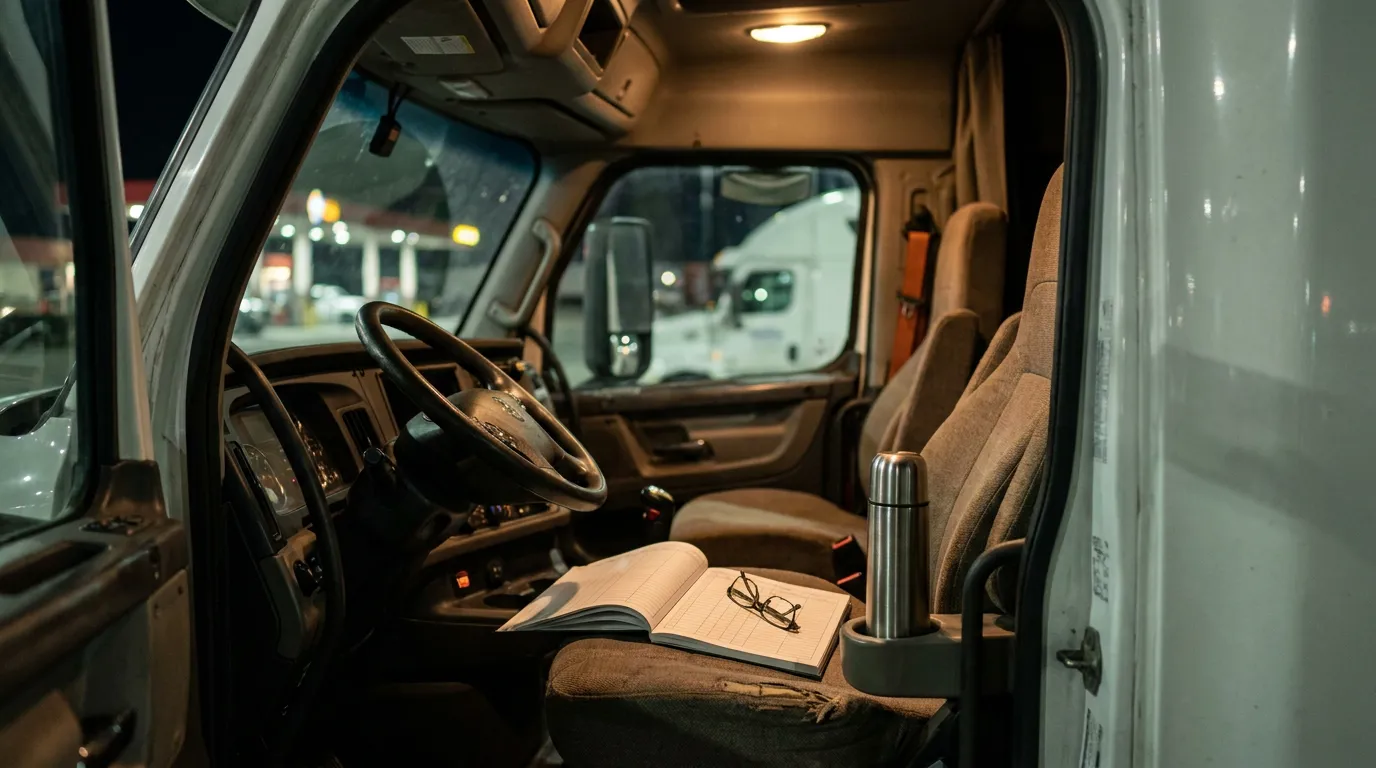 Truck Driver Logbook Fatigue Evidence California commercial truck cab interior with open logbook, glasses, and thermos on seat