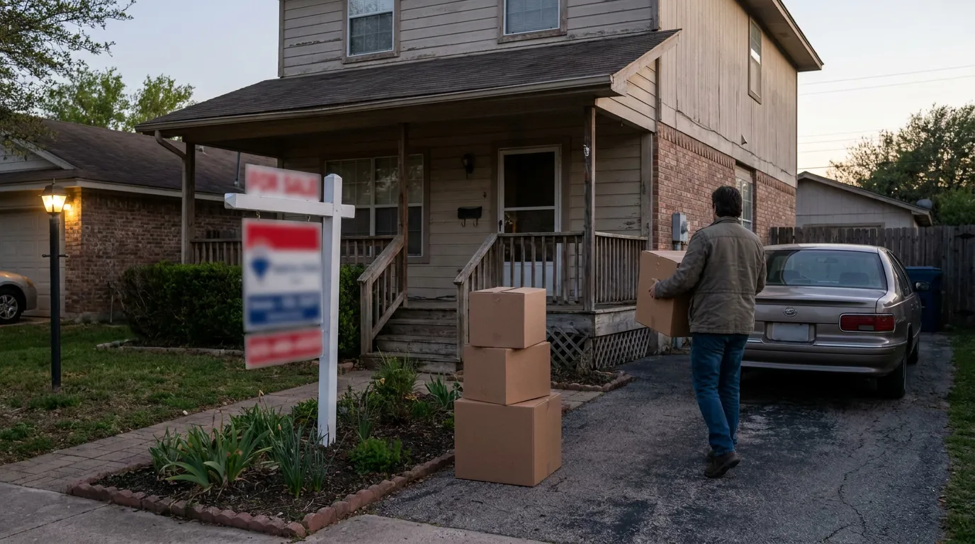 Texas Divorce Moving Out After 10 Year Marriage man carrying moving boxes outside residential home with For Sale sign