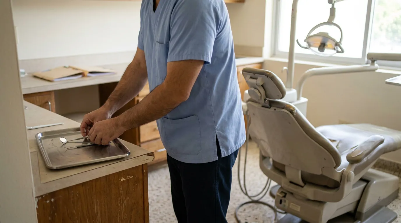 Dental Practice Enterprise Goodwill Houston Texas dental professional in scrubs handling instruments on tray beside dental chair