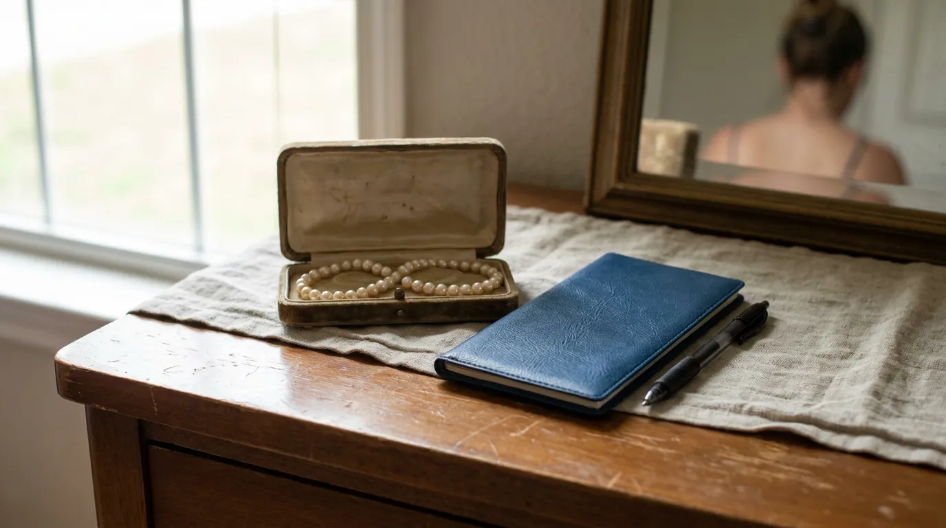pearl necklace in open jewelry box beside leather notebook and pen on wooden dresser