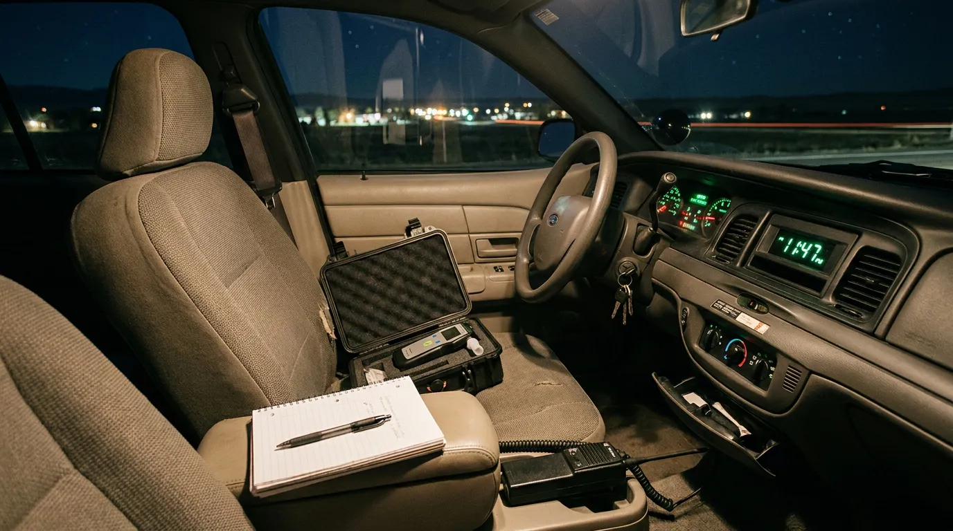 police vehicle interior at night with breathalyzer case, notepad, and radio