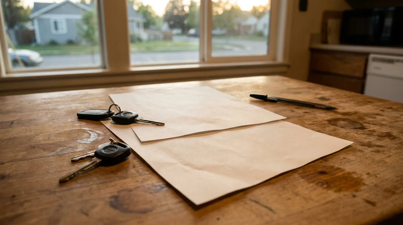 car keys, blank documents, and pen resting on wooden table near window