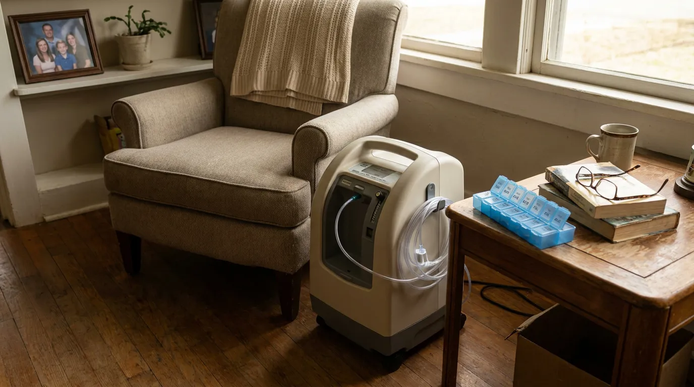 Home Oxygen Concentrator Illustrating Extreme Hardship Texas home oxygen concentrator with tubing beside armchair and weekly pill organizer