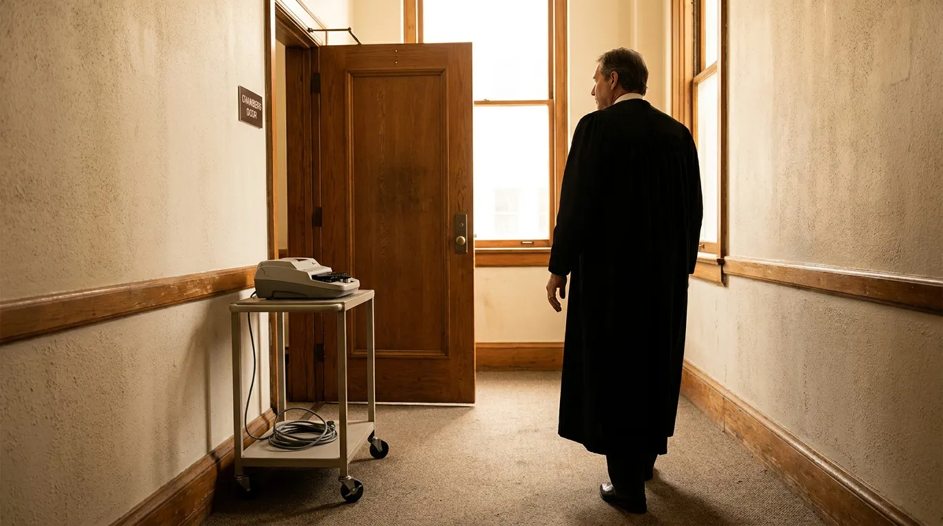 Judge Entering Chambers For Houston Custody Interview robed judge walking toward chambers door in courthouse hallway