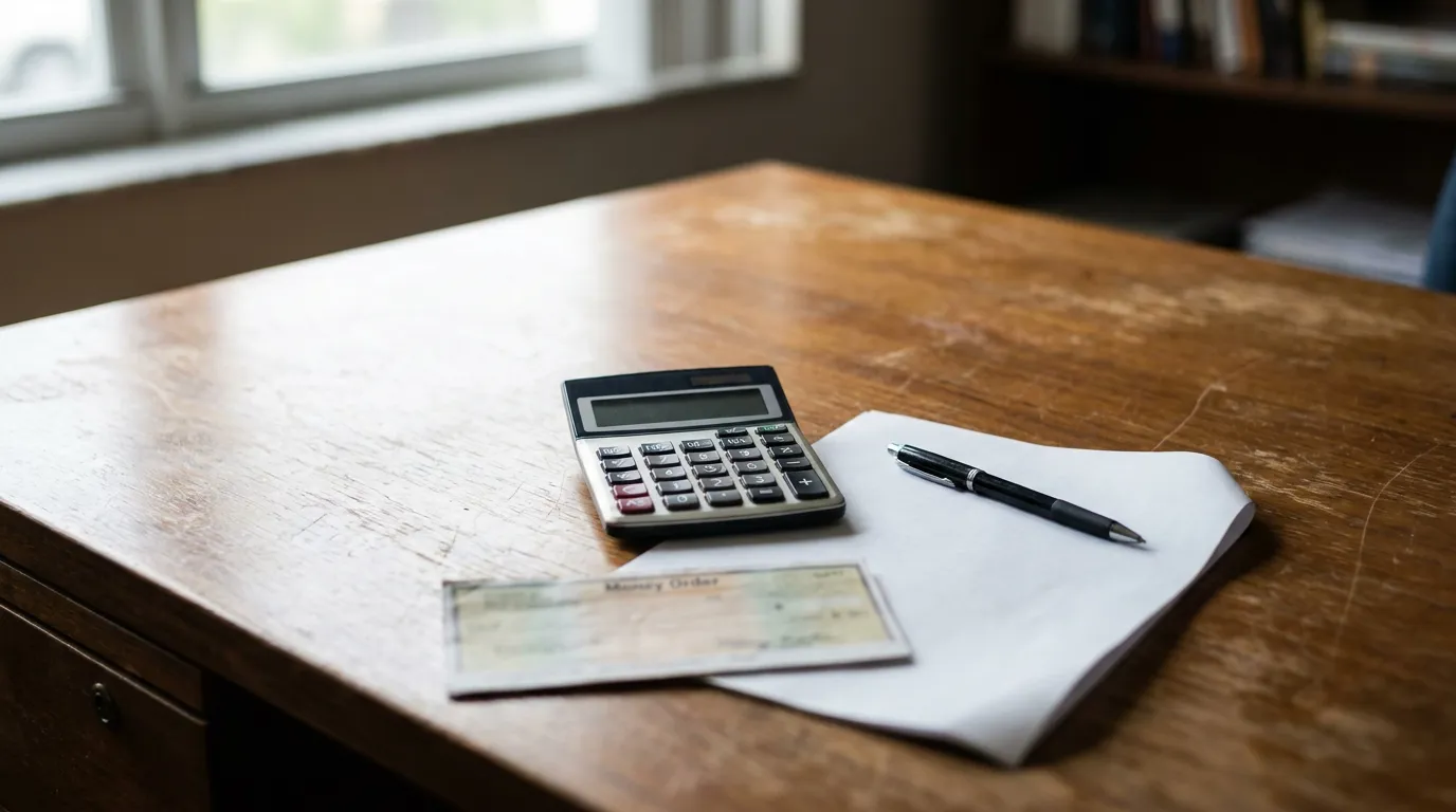calculator, money order, pen, and document on wooden desk