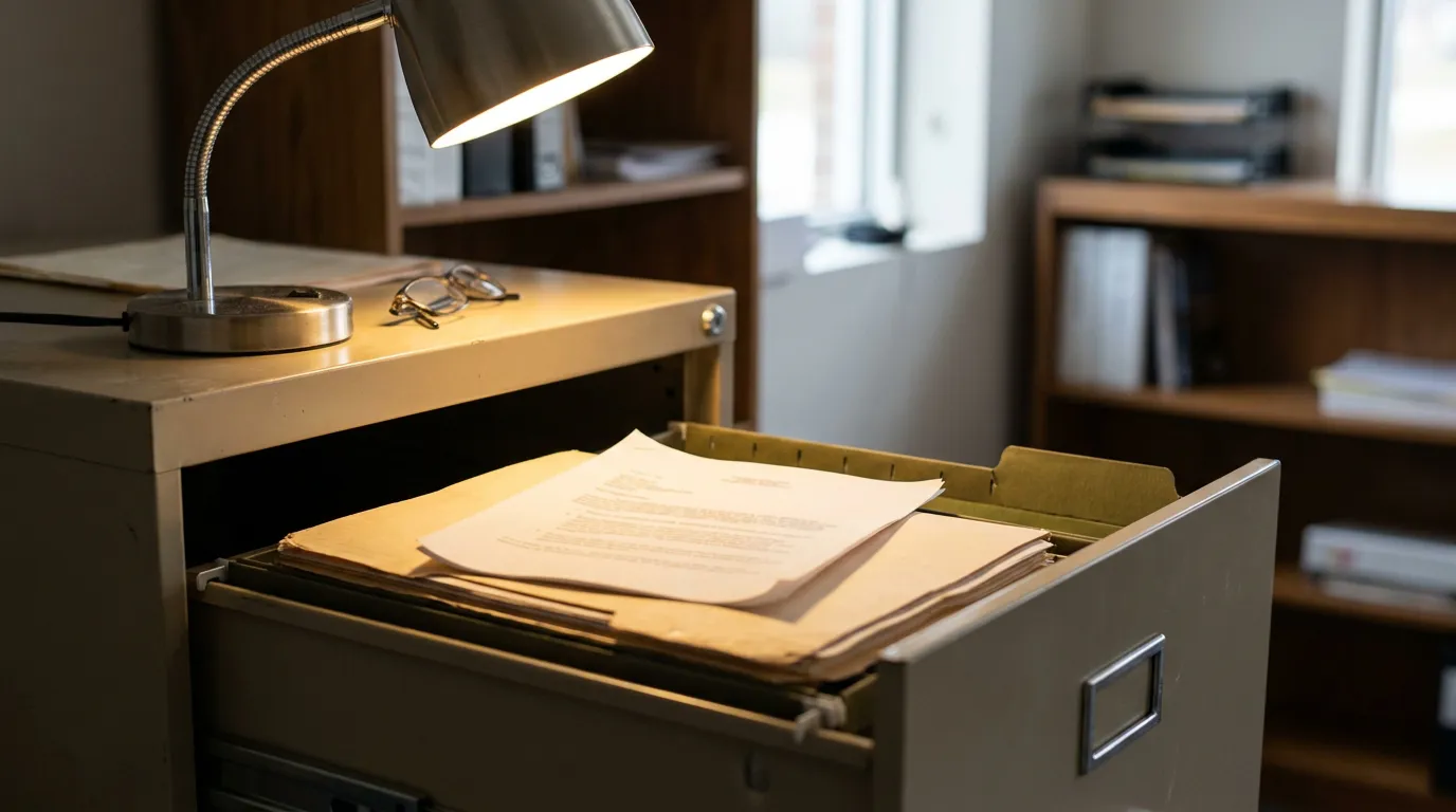 California After Acquired Evidence Retaliation Defense Files open filing cabinet drawer with legal documents, desk lamp, and eyeglasses