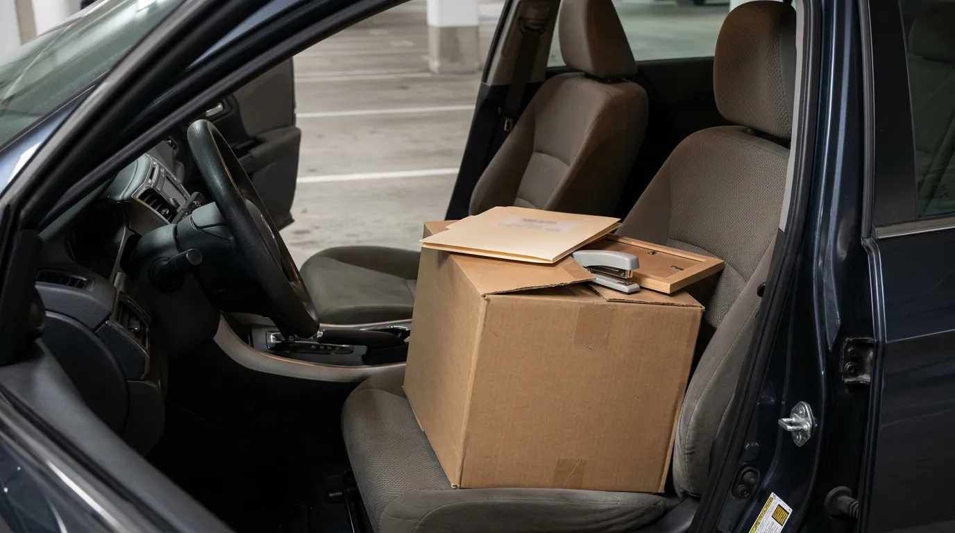 Packed Belongings Box After California Job Termination cardboard box with manila envelope and stapler on car passenger seat