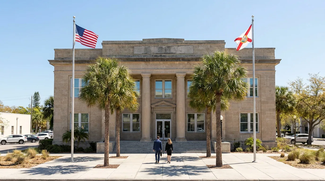Sarasota Workers Comp Attorney Approaching Courthouse Florida two attorneys walking toward Florida courthouse entrance flanked by American and state flags
