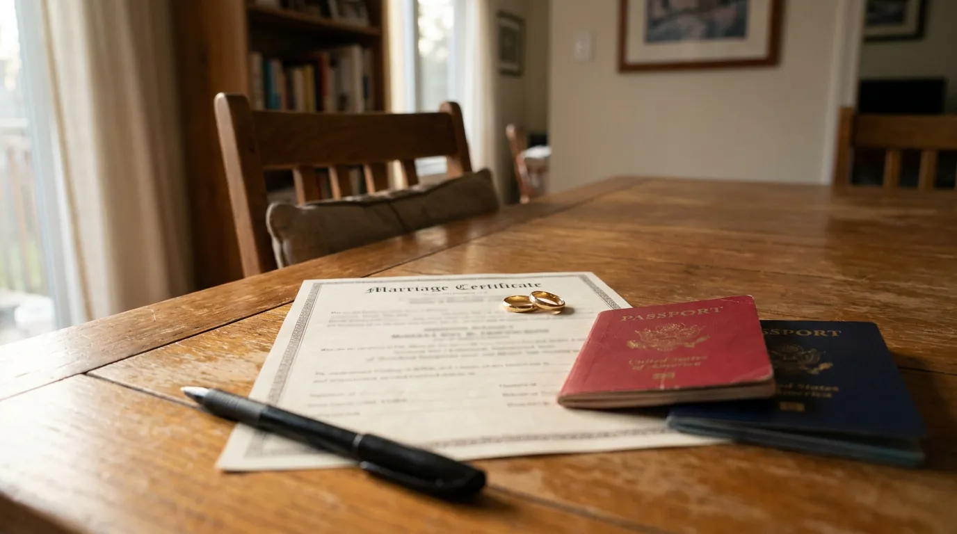 Conyuge No Cubano Ley Ajuste Cubano Miami Marriage certificate, two wedding rings, US passports, and pen on wooden table