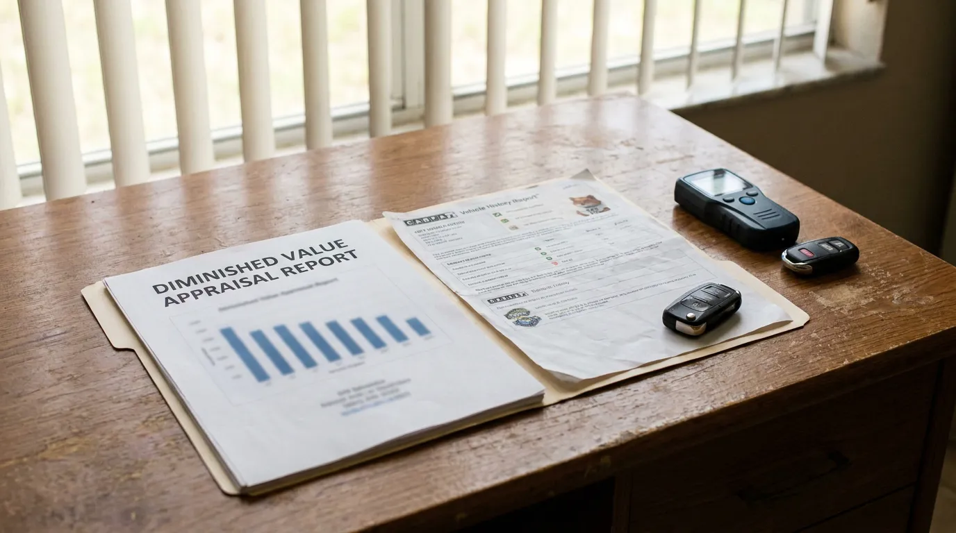 Diminished Value Appraisal Report and Carfax Vehicle History Report with car keys on desk