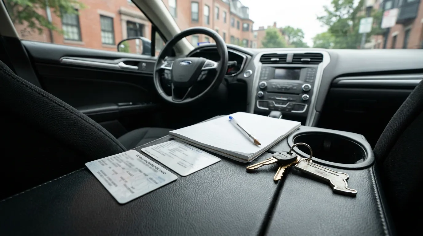 vehicle registration card, insurance card, notepad, pen, and car keys on dashboard