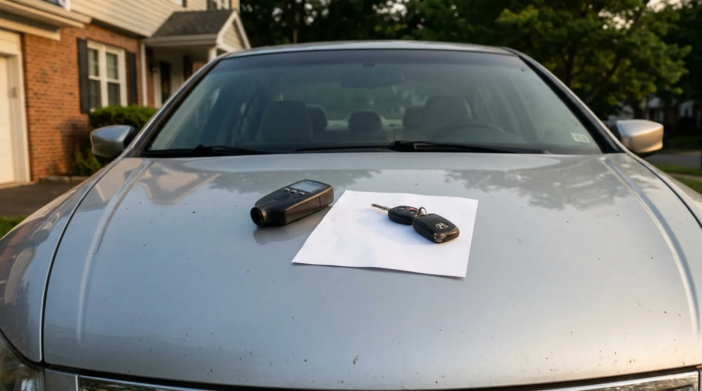 Diminished Value Claim Car McLean Virginia breathalyzer device, car keys, and document resting on vehicle hood