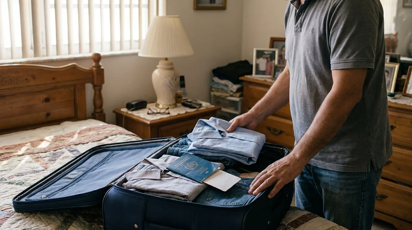 man packing open suitcase with folded clothes and passport on bed