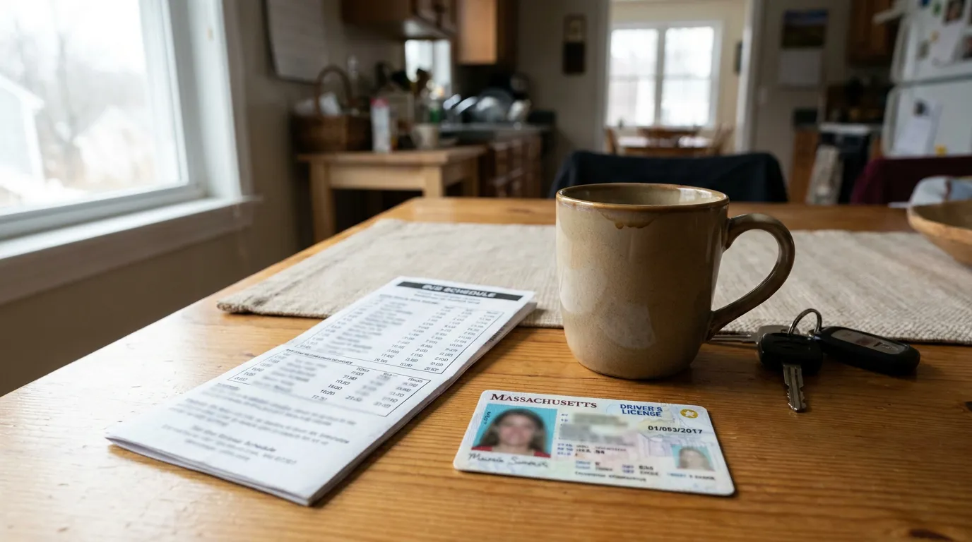 Massachusetts Drivers License With Bus Schedule On Table Massachusetts driver's license and bus schedule on wooden kitchen table with mug and keys