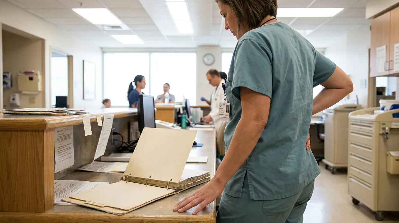 California Nurse Reviewing Records At Hospital Station nurse in scrubs reviewing open binder of medical records at hospital nurses station