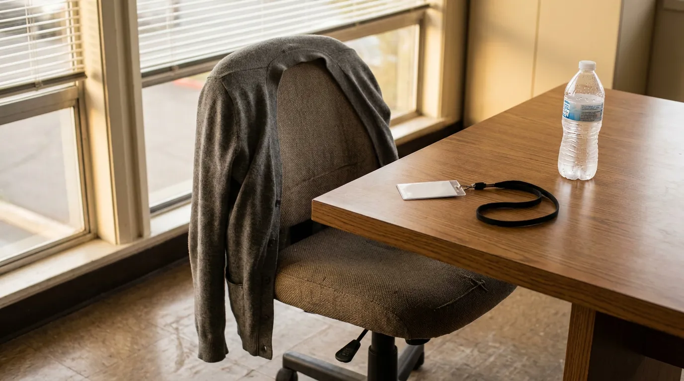 Empty California Office Desk Workplace Harassment cardigan draped over office chair beside desk with ID badge lanyard and water bottle