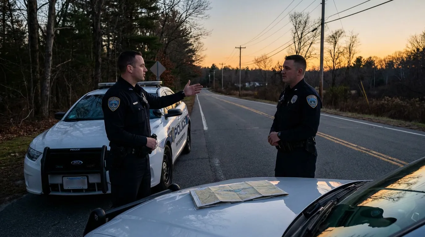 Massachusetts Police Officers Discussing Jurisdiction Boundary two police officers conversing beside marked patrol car on rural road at dusk