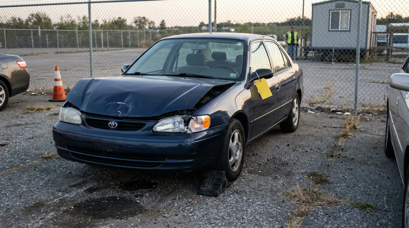 damaged Toyota sedan with crumpled hood tagged in impound lot