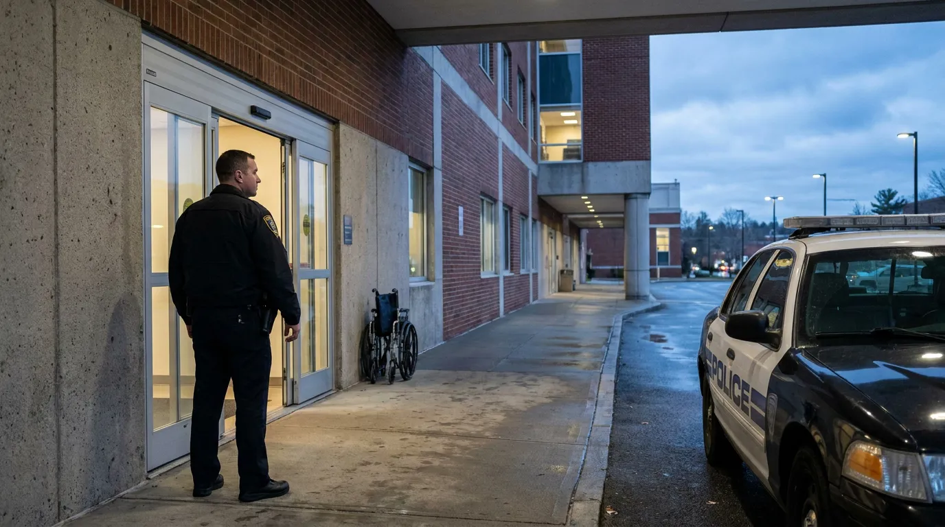 uniformed police officer standing at hospital entrance beside marked police vehicle
