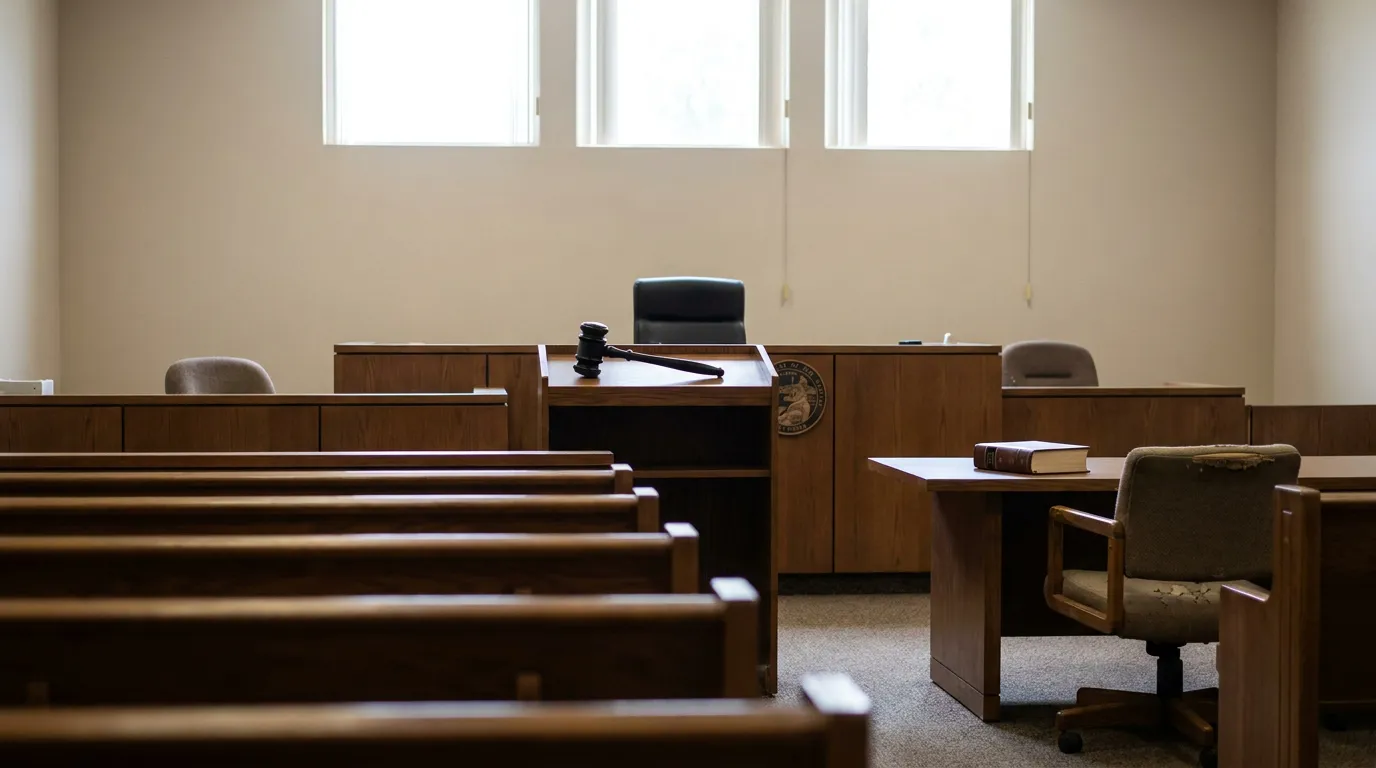 Sala De Tribunal California Proposicion 213 empty courtroom interior with judge's bench, gavel, and wooden gallery pews