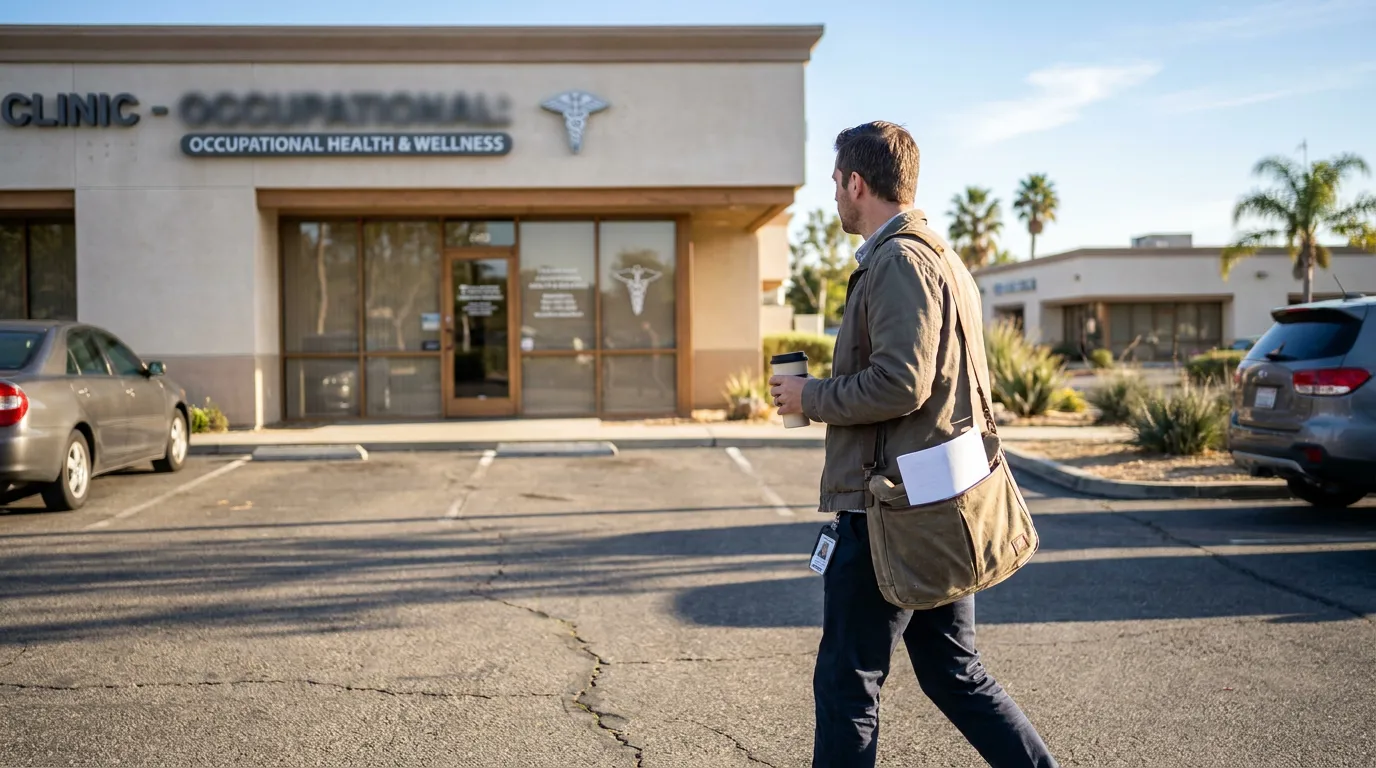 California Employee Walking To Occupational Health Clinic man carrying documents walking toward Occupational Health and Wellness clinic entrance