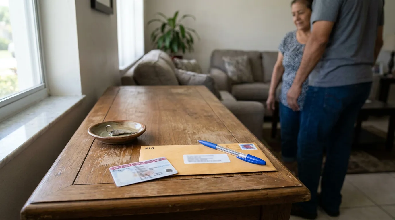 Permiso De Trabajo Asilo Pendiente Hialeah Gardens Employment Authorization document and stamped envelope on wooden table with two people standing nearby