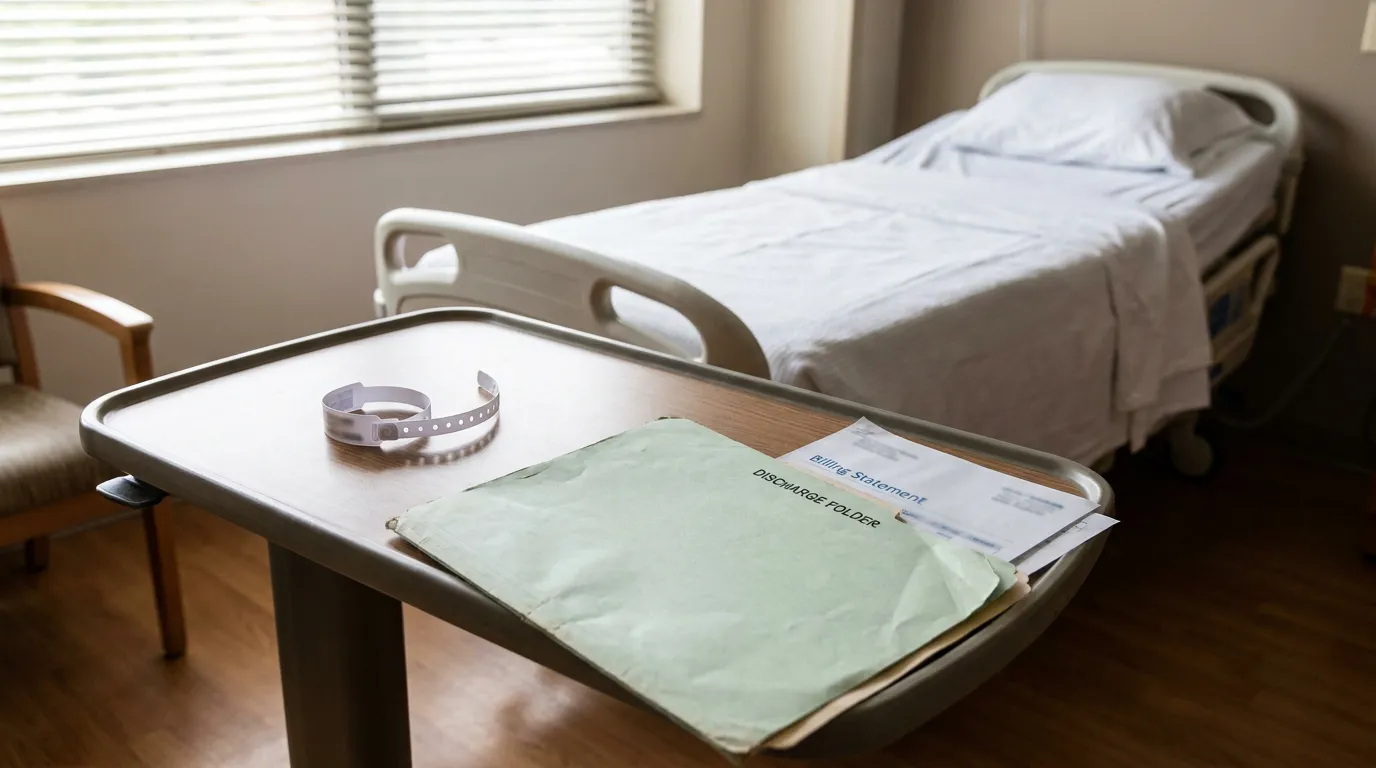 Columbus Ohio Hospital Bed Billing Statement Lien hospital discharge folder and billing statement on tray beside empty hospital bed