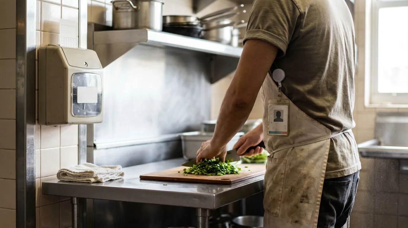 kitchen worker wearing ID badge chopping vegetables on cutting board in commercial kitchen