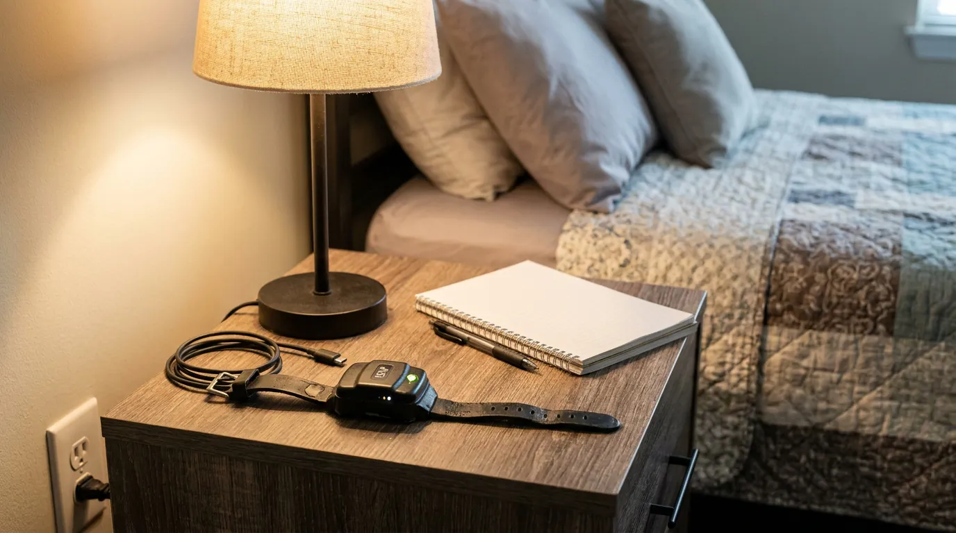 electronic monitoring ankle bracelet with charging cable on bedroom nightstand