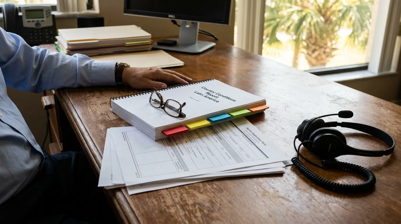 Country Conditions Report Latin America binder with asylum application form and headset on desk