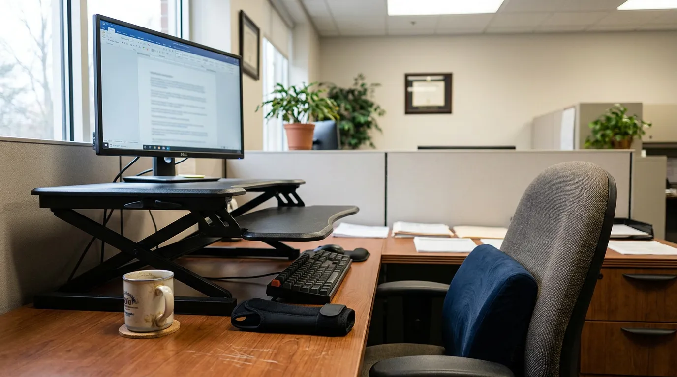 California Office Desk Disability Accommodation Setup law office cubicle workstation with standing desk riser, monitor, keyboard, and framed certificate